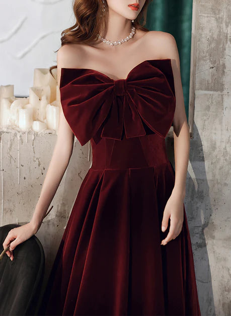 Wine Red Velvet Tea Length With Bow Party Dress Homecoming Dress Prom Dress