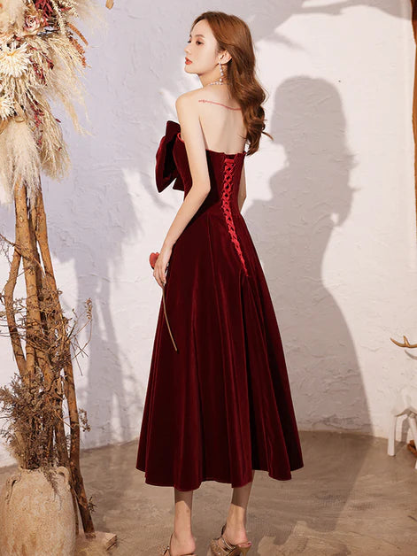 Wine Red Velvet Tea Length With Bow Party Dress Homecoming Dress Prom Dress