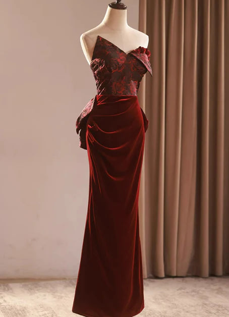 Wine Red Velvet and Lace Mermaid With Bow Party Dress Prom Dress
