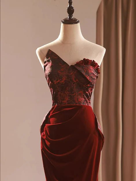 Wine Red Velvet and Lace Mermaid With Bow Party Dress Prom Dress