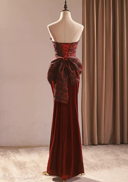 Wine Red Velvet and Lace Mermaid With Bow Party Dress Prom Dress