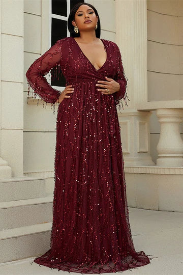 Wine Red Plus Size Fringes V-Neck A-Line Long Sleeve Prom Dress Evening Dress