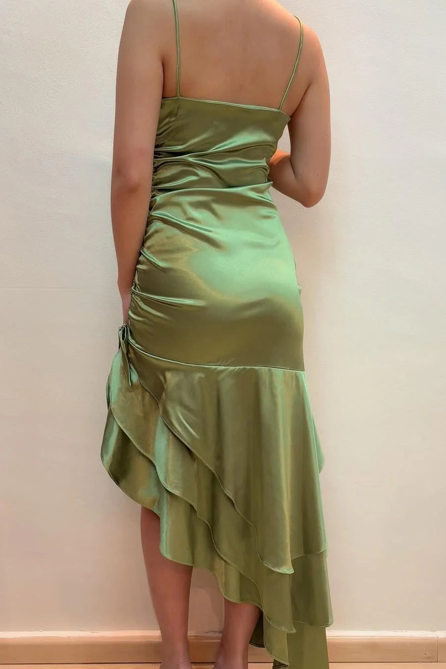 With Asymmetrical Hem Green Spaghetti Straps Ruffles Sleeveless Long Prom Dress with Slit