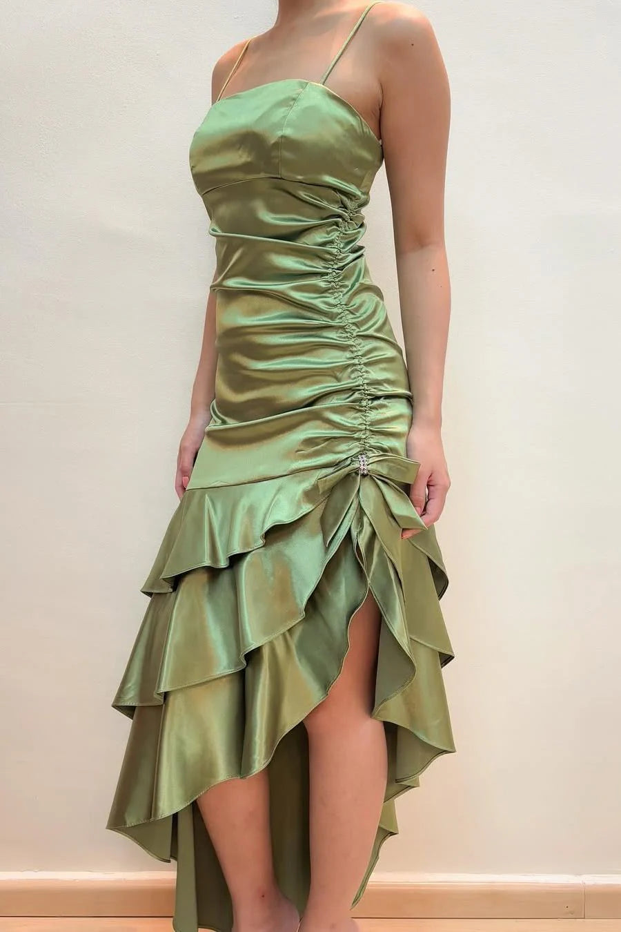 With Asymmetrical Hem Green Spaghetti Straps Ruffles Sleeveless Long Prom Dress with Slit