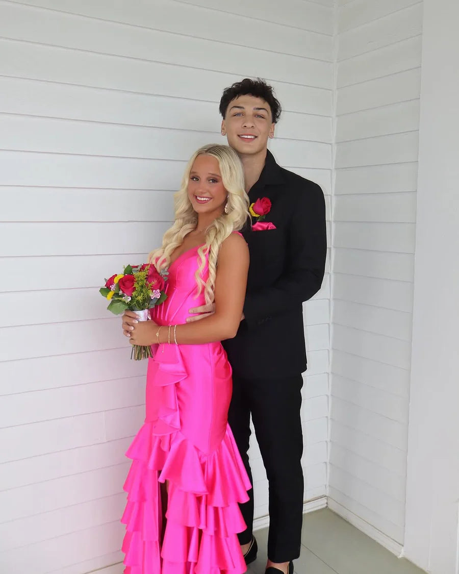 With Asymmetrical Hem Pink V-Neck Straps Ruffles Satin Mermaid Long Prom Dress with Slit