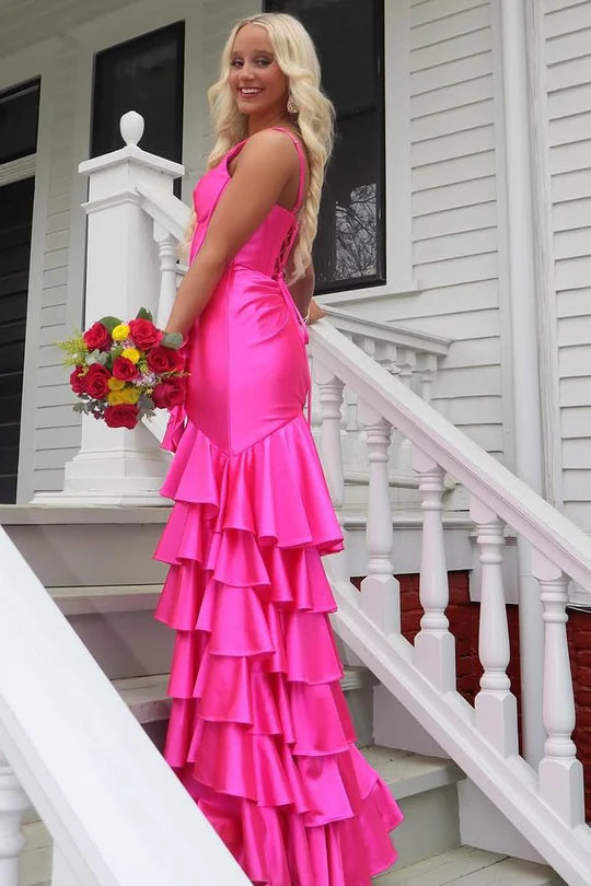 With Asymmetrical Hem Pink V-Neck Straps Ruffles Satin Mermaid Long Prom Dress with Slit
