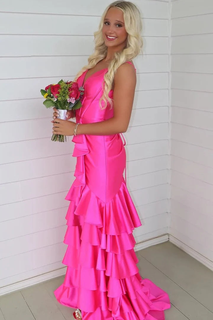 With Asymmetrical Hem Pink V-Neck Straps Ruffles Satin Mermaid Long Prom Dress with Slit