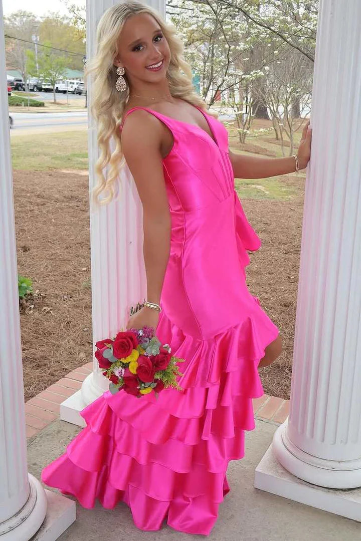 With Asymmetrical Hem Pink V-Neck Straps Ruffles Satin Mermaid Long Prom Dress with Slit