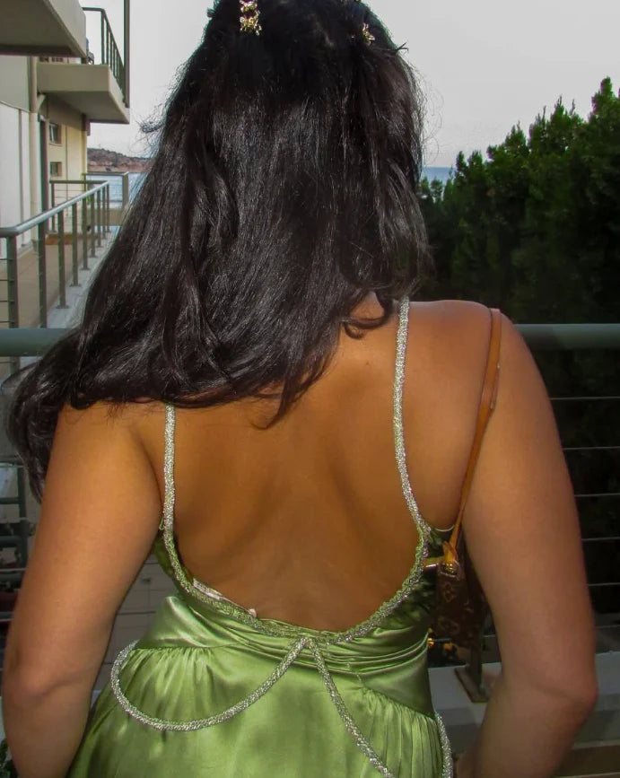 Sexy A Line V Neck Beaded Green Satin Open Back Long Party Dress
