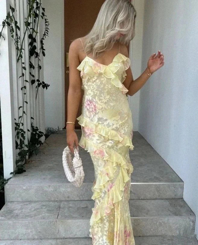 Yellow Chiffon Floor Mermaid Ruffles Spaghetti Straps Length Floral Evening Dress Prom Dress