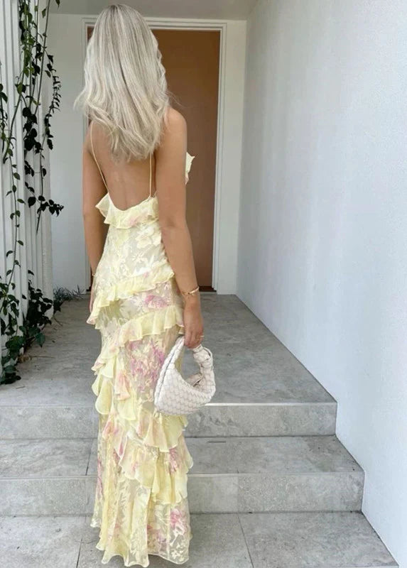 Yellow Chiffon Floor Mermaid Ruffles Spaghetti Straps Length Floral Evening Dress Prom Dress