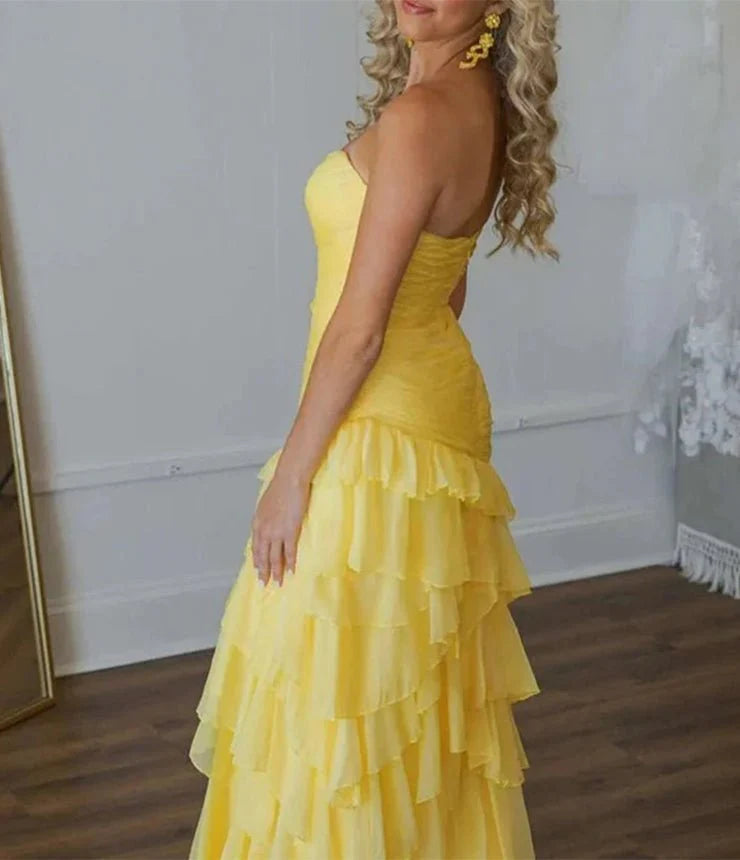 Yellow Chiffon Ruched Ruffle Tiered Fitted Long Prom Dress With Slit Elegant Yellow Party Dresses