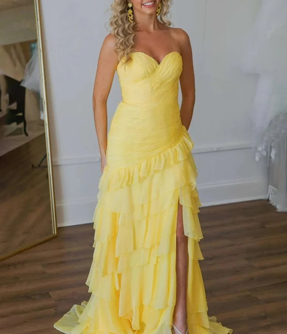 Yellow Chiffon Ruched Ruffle Tiered Fitted Long Prom Dress With Slit Elegant Yellow Party Dresses