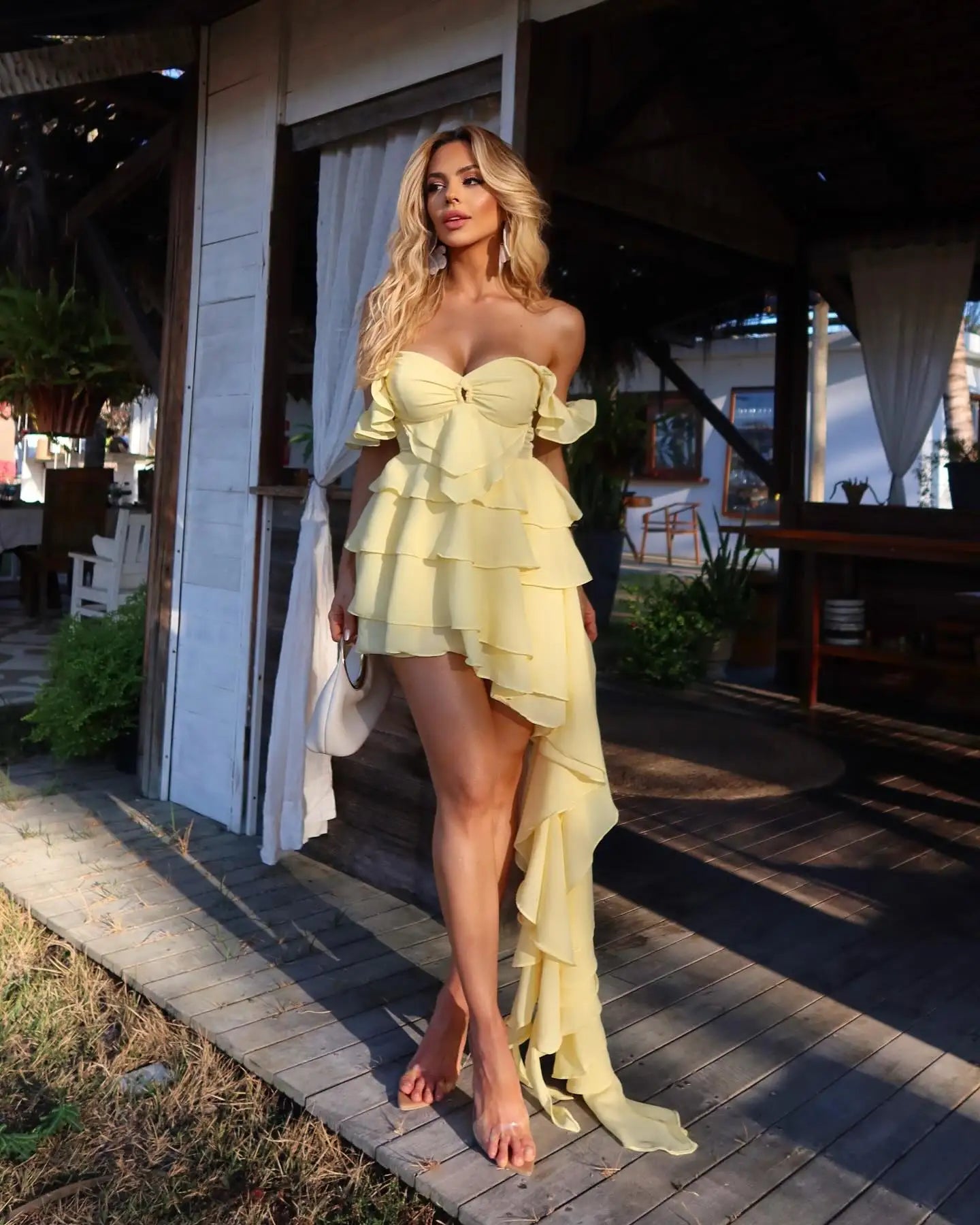 Yellow Chiffon Strapless Ruffle Tiered Party Dress Off Shoulder Mini Prom Dress With Streamer