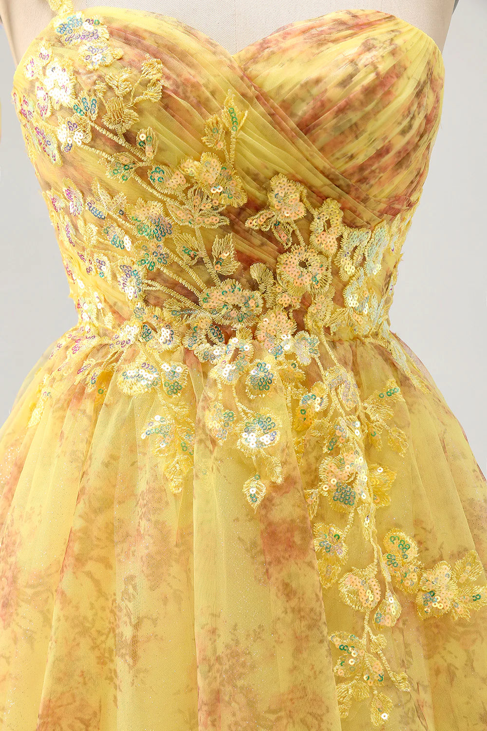 Yellow Floral Prints Sequins Sweetheart Collar One Shoulder  A Line Homecoming Dress Party Dress