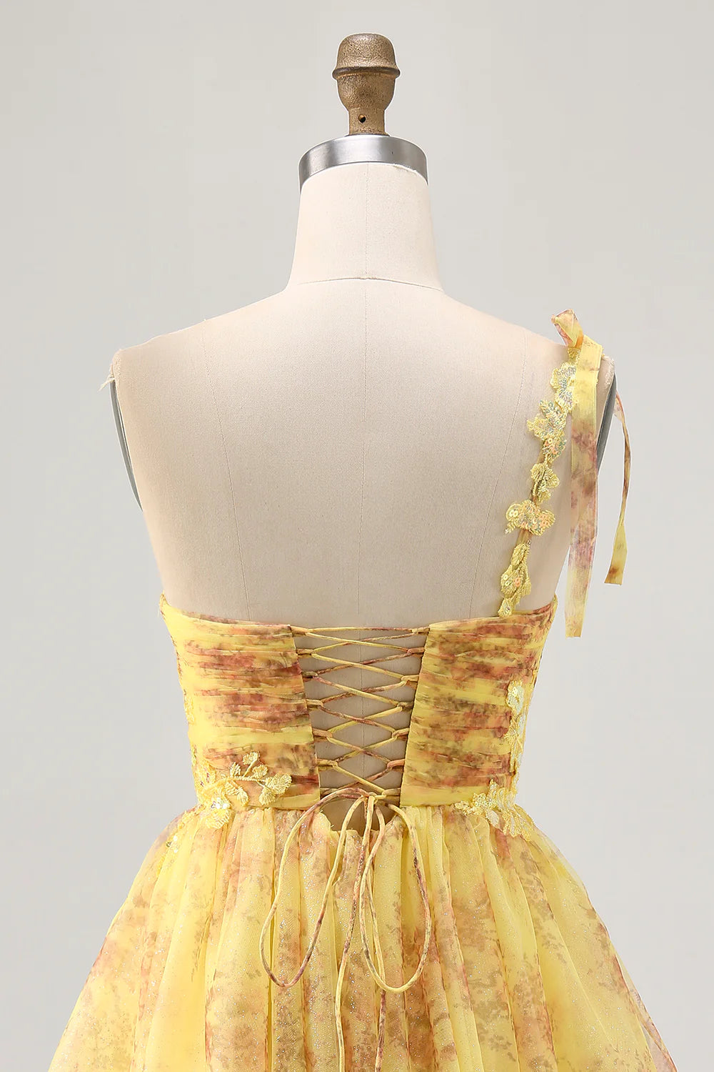 Yellow Floral Prints Sequins Sweetheart Collar One Shoulder  A Line Homecoming Dress Party Dress