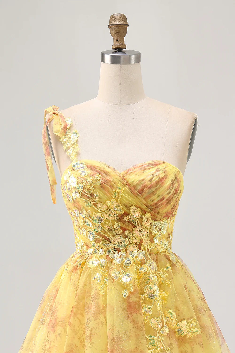 Yellow Floral Prints Sequins Sweetheart Collar One Shoulder  A Line Homecoming Dress Party Dress
