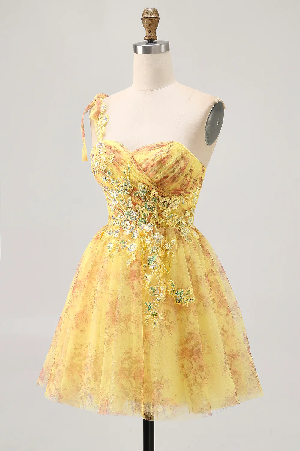 Yellow Floral Prints Sequins Sweetheart Collar One Shoulder  A Line Homecoming Dress Party Dress