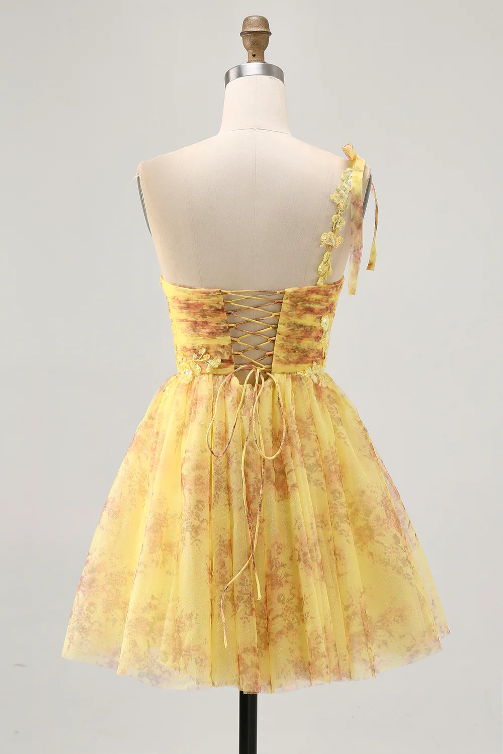 Yellow Floral Prints Sequins Sweetheart Collar One Shoulder  A Line Homecoming Dress Party Dress