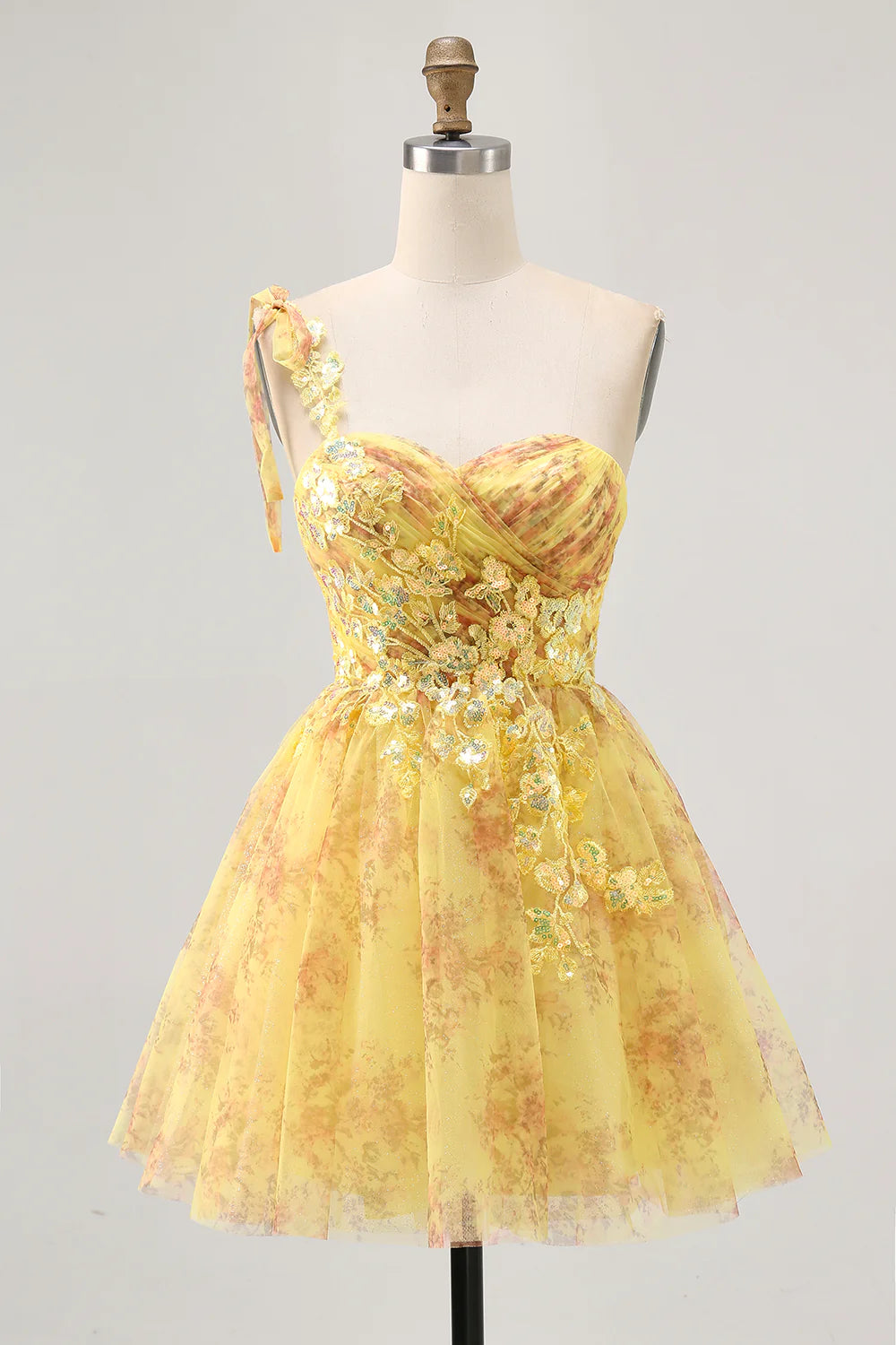Yellow Floral Prints Sequins Sweetheart Collar One Shoulder  A Line Homecoming Dress Party Dress