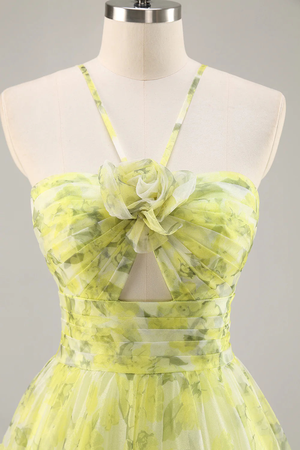 Yellow Green Floral Pleated Cut Out Spaghetti Straps A Line Long Prom Dress Yellow Green Homecoming Dress
