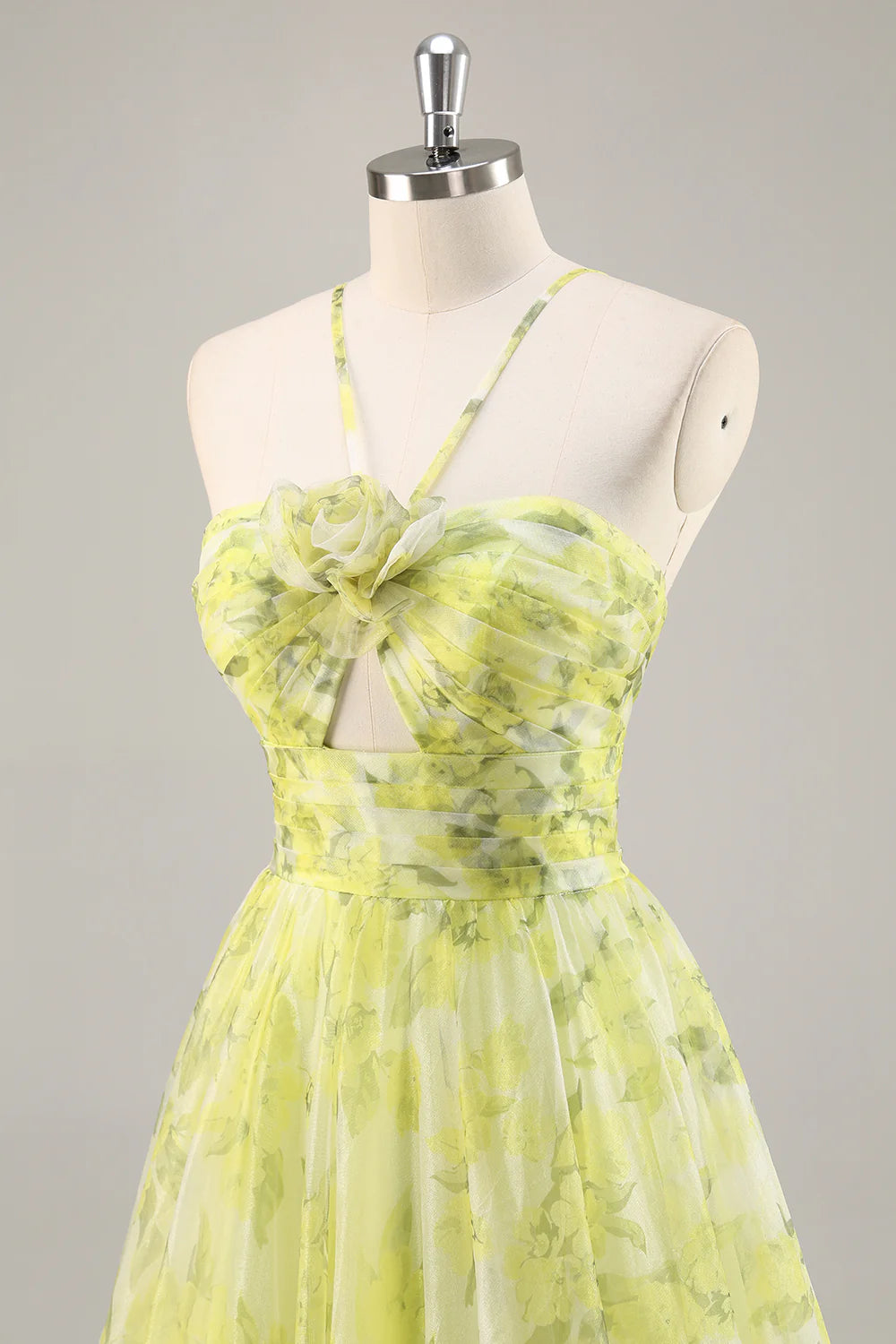 Yellow Green Floral Pleated Cut Out Spaghetti Straps A Line Long Prom Dress Yellow Green Homecoming Dress
