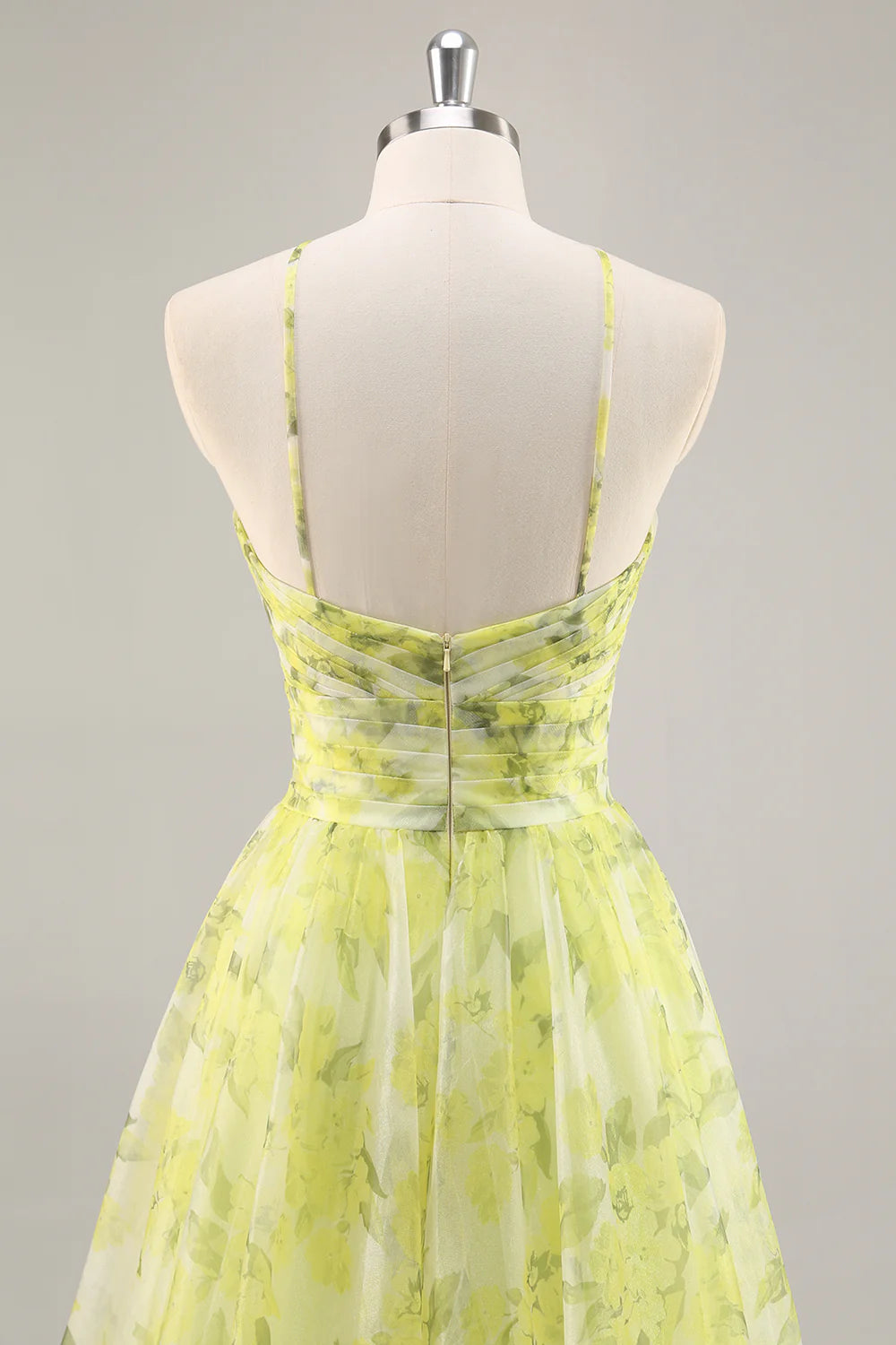 Yellow Green Floral Pleated Cut Out Spaghetti Straps A Line Long Prom Dress Yellow Green Homecoming Dress