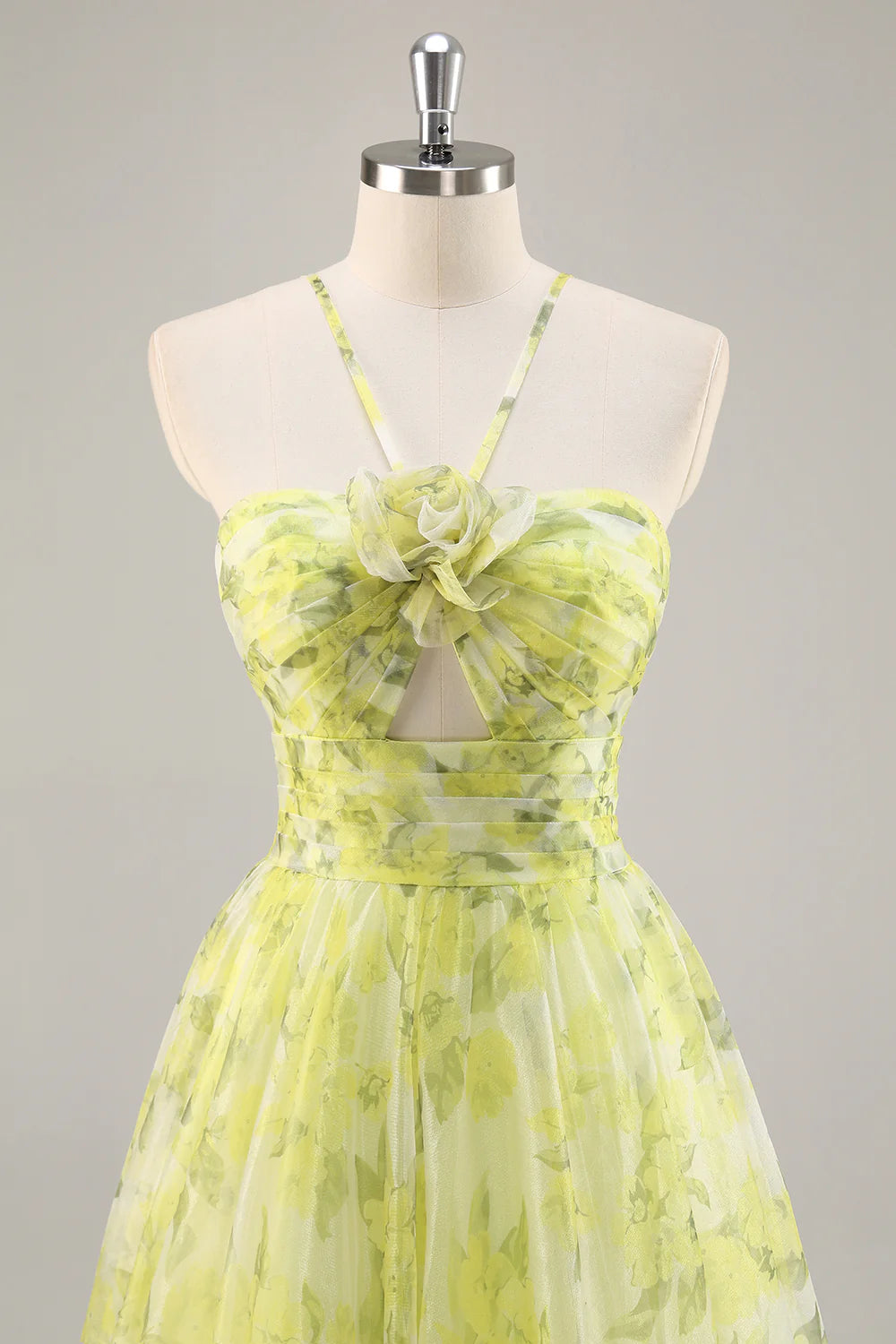 Yellow Green Floral Pleated Cut Out Spaghetti Straps A Line Long Prom Dress Yellow Green Homecoming Dress