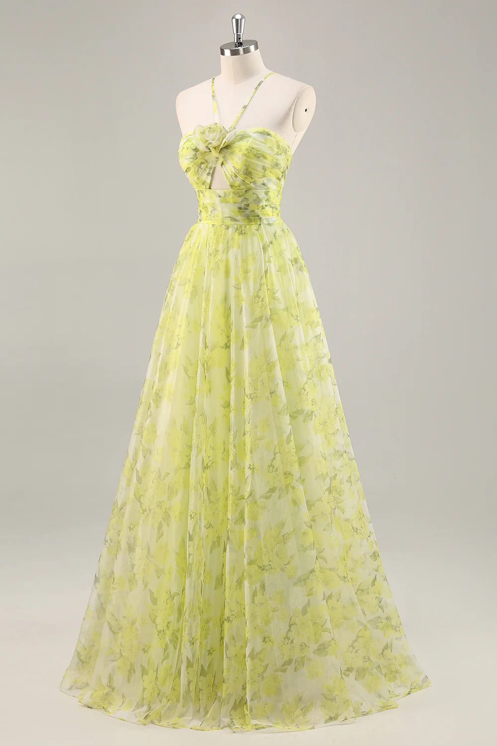Yellow Green Floral Pleated Cut Out Spaghetti Straps A Line Long Prom Dress Yellow Green Homecoming Dress
