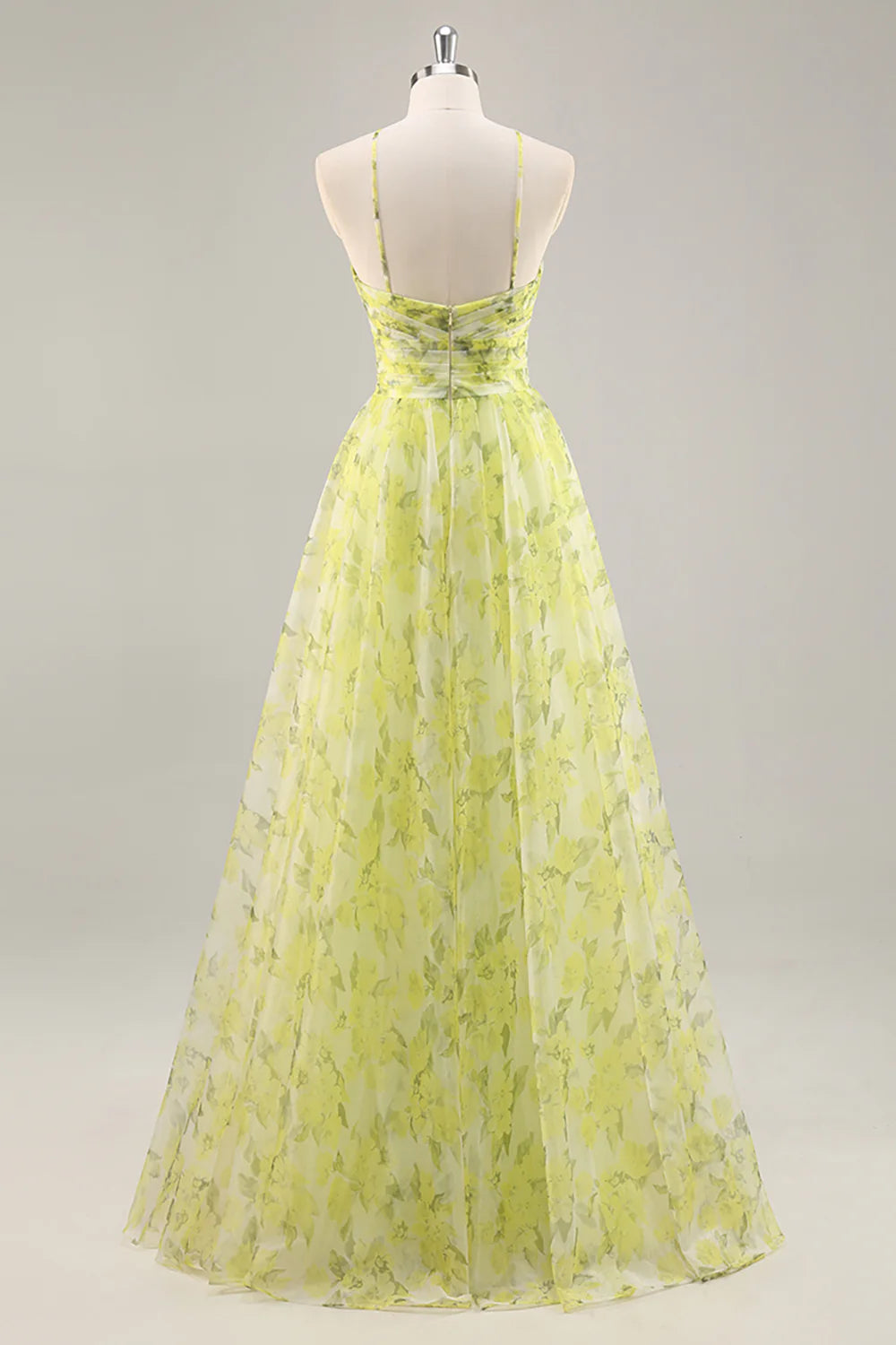 Yellow Green Floral Pleated Cut Out Spaghetti Straps A Line Long Prom Dress Yellow Green Homecoming Dress