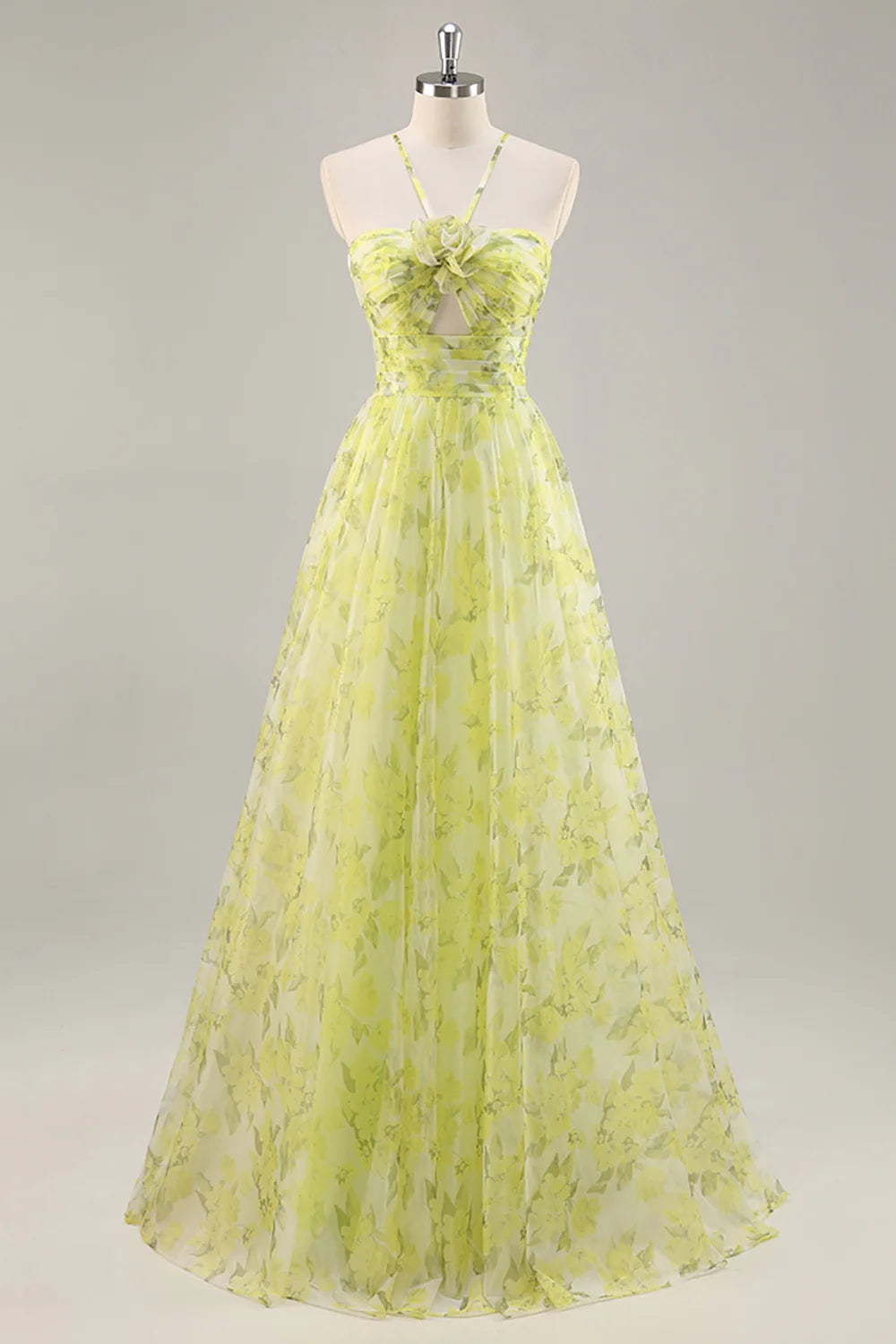 Yellow Green Floral Pleated Cut Out Spaghetti Straps A Line Long Prom Dress Yellow Green Homecoming Dress