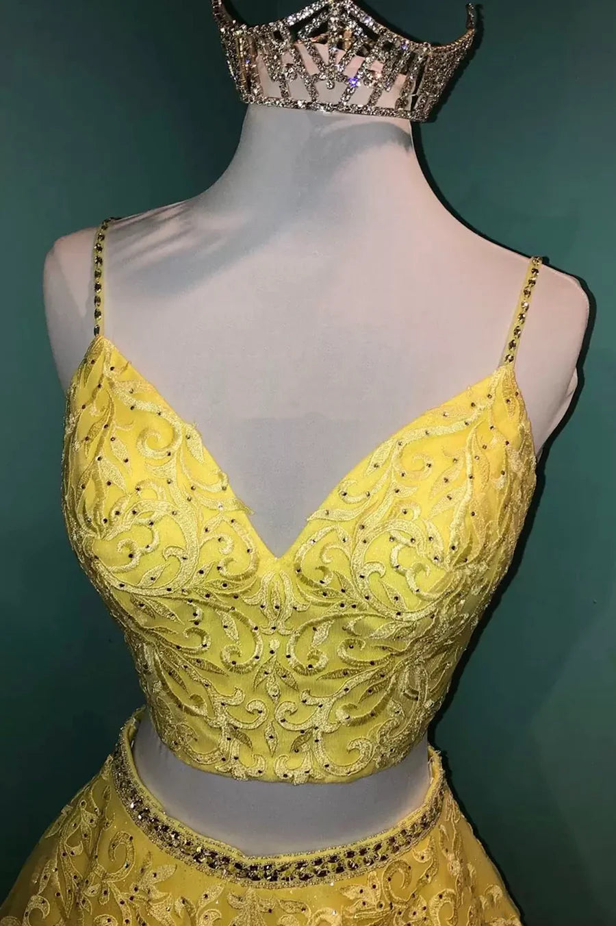 Yellow Lace With Beaded A-Line Two Pieces Prom Dress Evening Party Dress