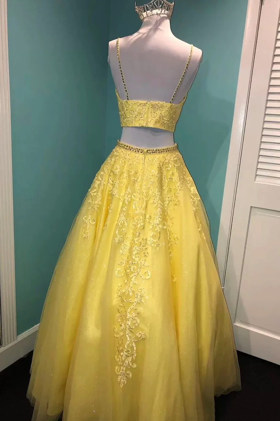 Yellow Lace With Beaded A-Line Two Pieces Prom Dress Evening Party Dress