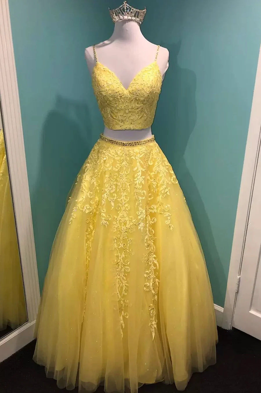 Yellow Lace With Beaded A-Line Two Pieces Prom Dress Evening Party Dress
