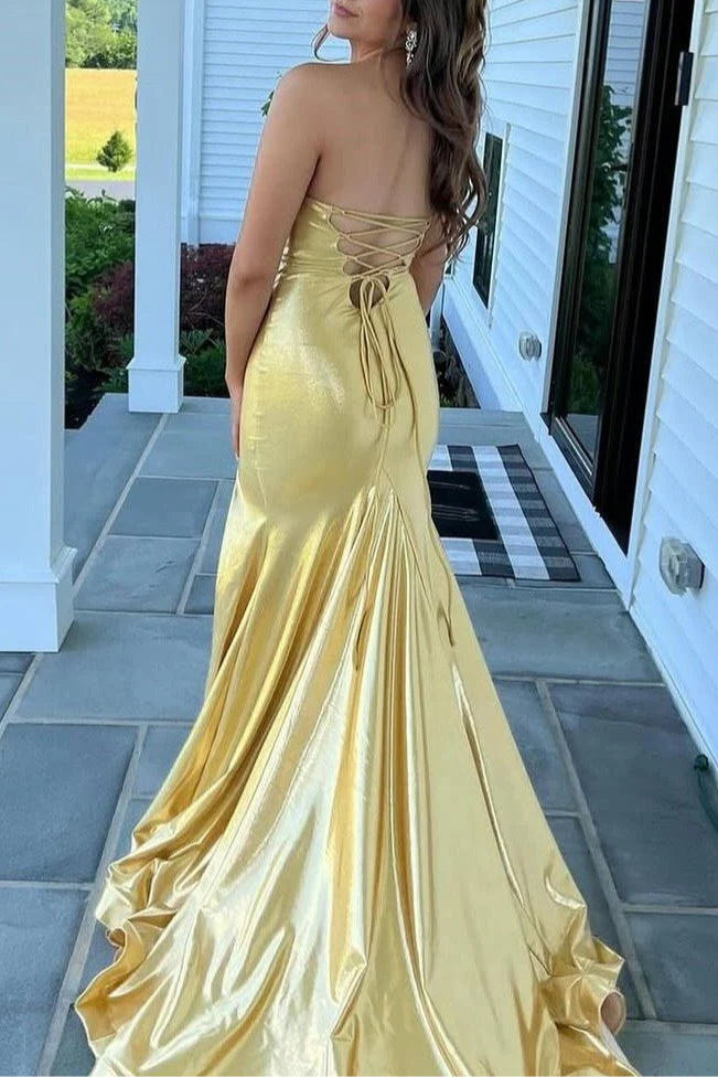 Yellow Metallic Strapless Mermaid V-Neck Long Sweep Train Prom Dresses with Slit