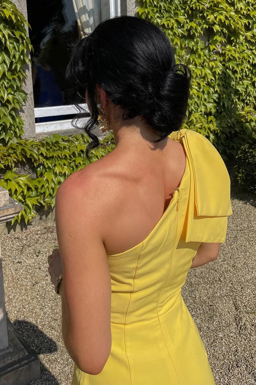 Yellow Polyester One-Shoulder Mermaid Midi Irregular Hem Wedding Guest Dress