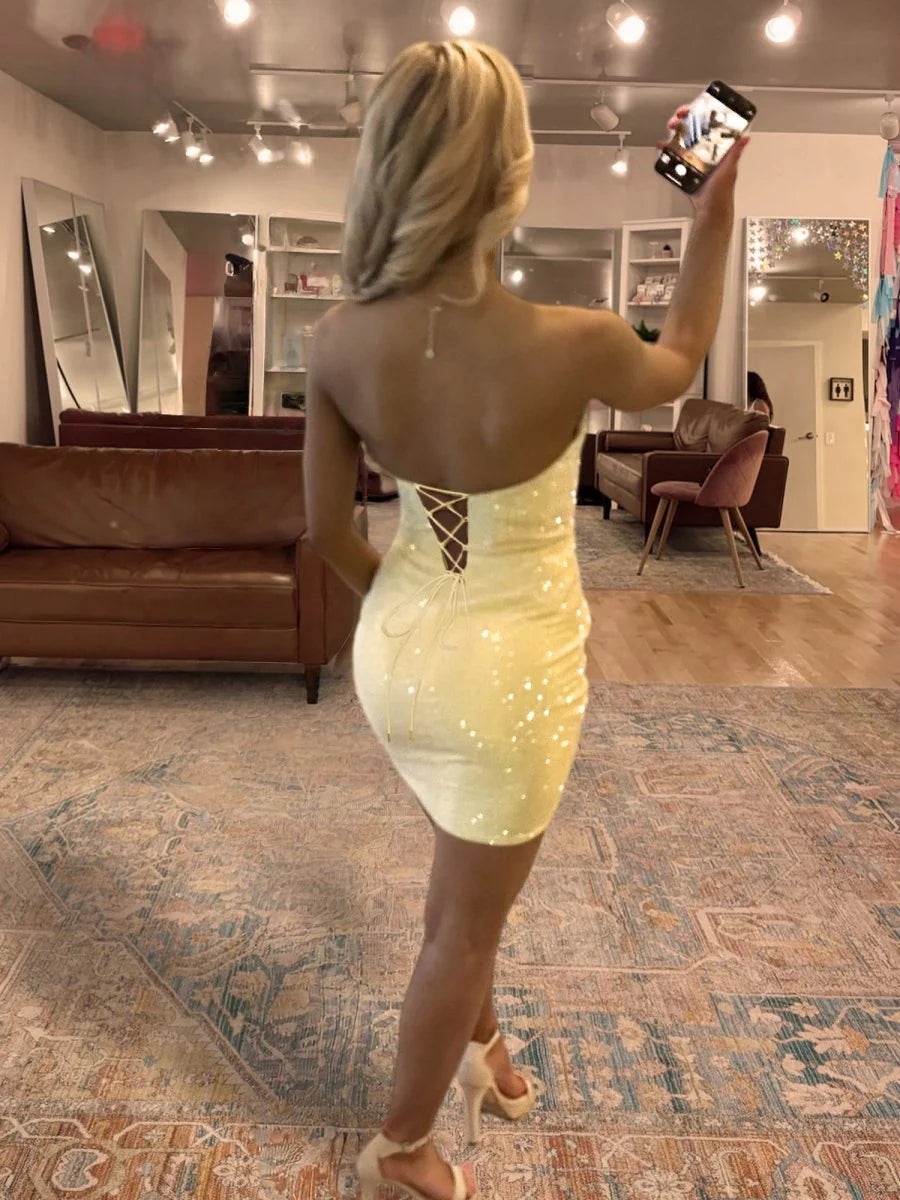 Yellow Satin Bodycon Pleats Beaded Sweetheart Neck Pleated Short-Mini  Homecoming Dress