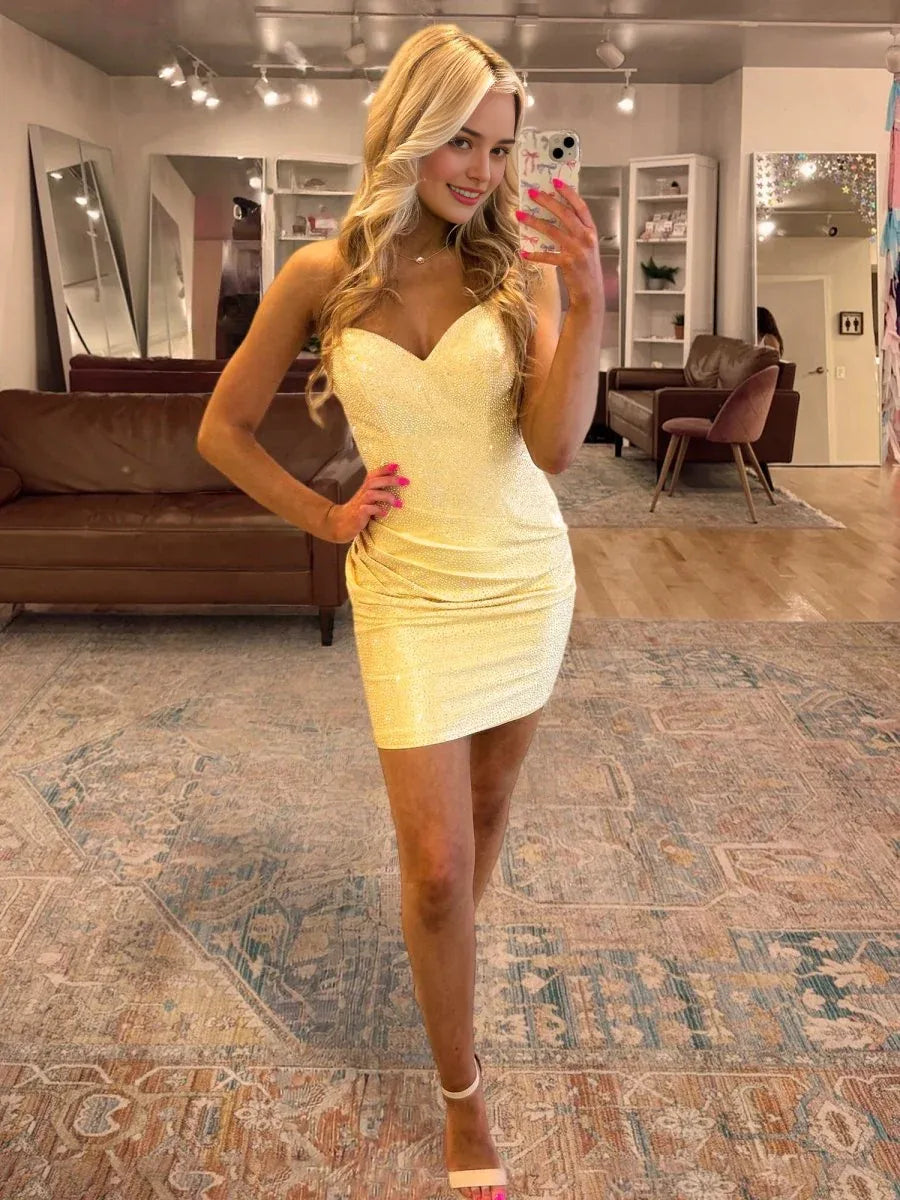 Yellow Satin Bodycon Pleats Beaded Sweetheart Neck Pleated Short-Mini  Homecoming Dress