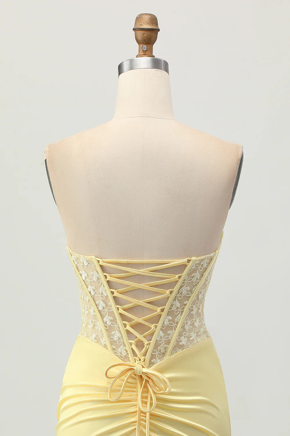 Yellow Satin Floral Lace Strapless Corset Tight Short Homecoming Dress With Lace-Up Back