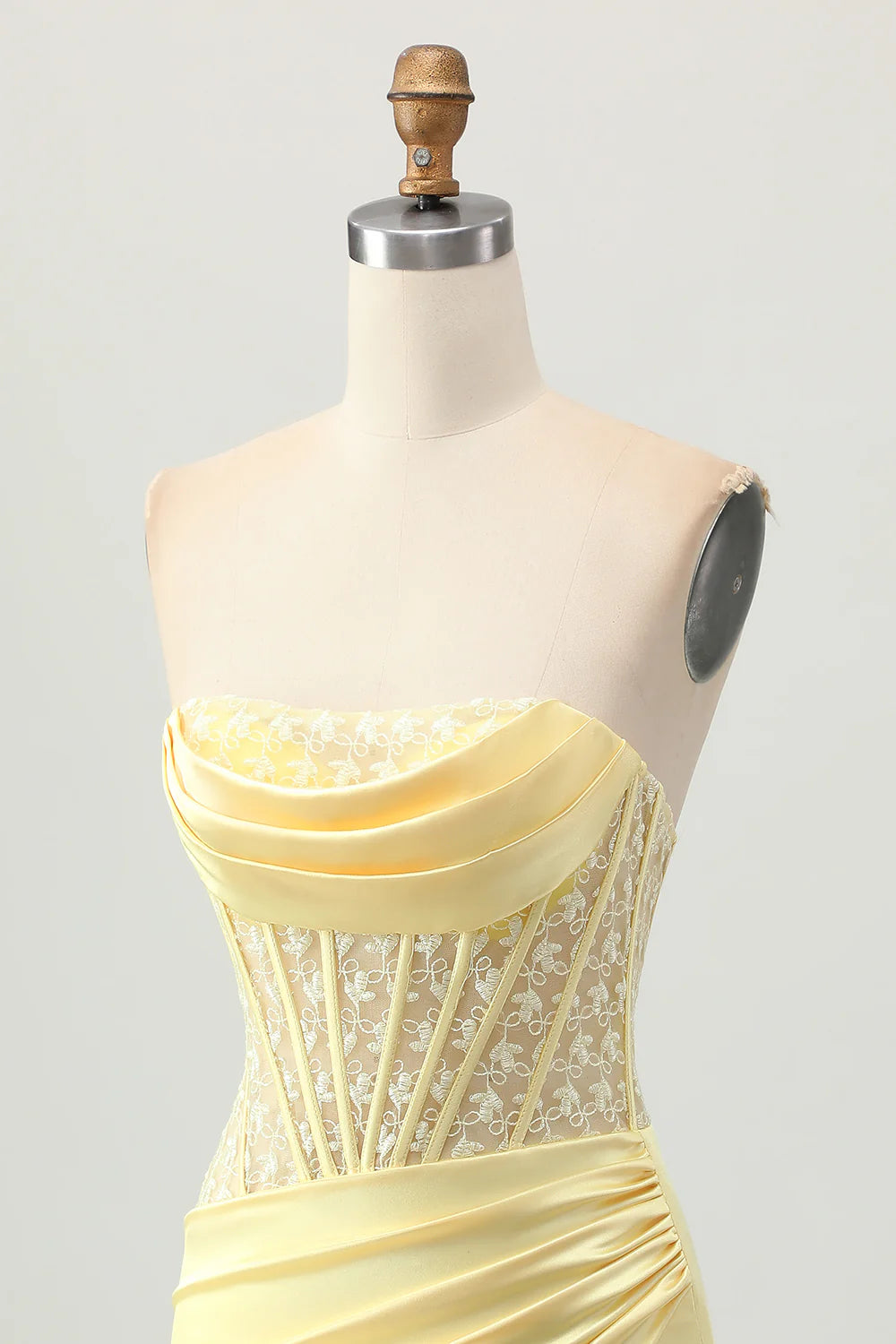Yellow Satin Floral Lace Strapless Corset Tight Short Homecoming Dress With Lace-Up Back