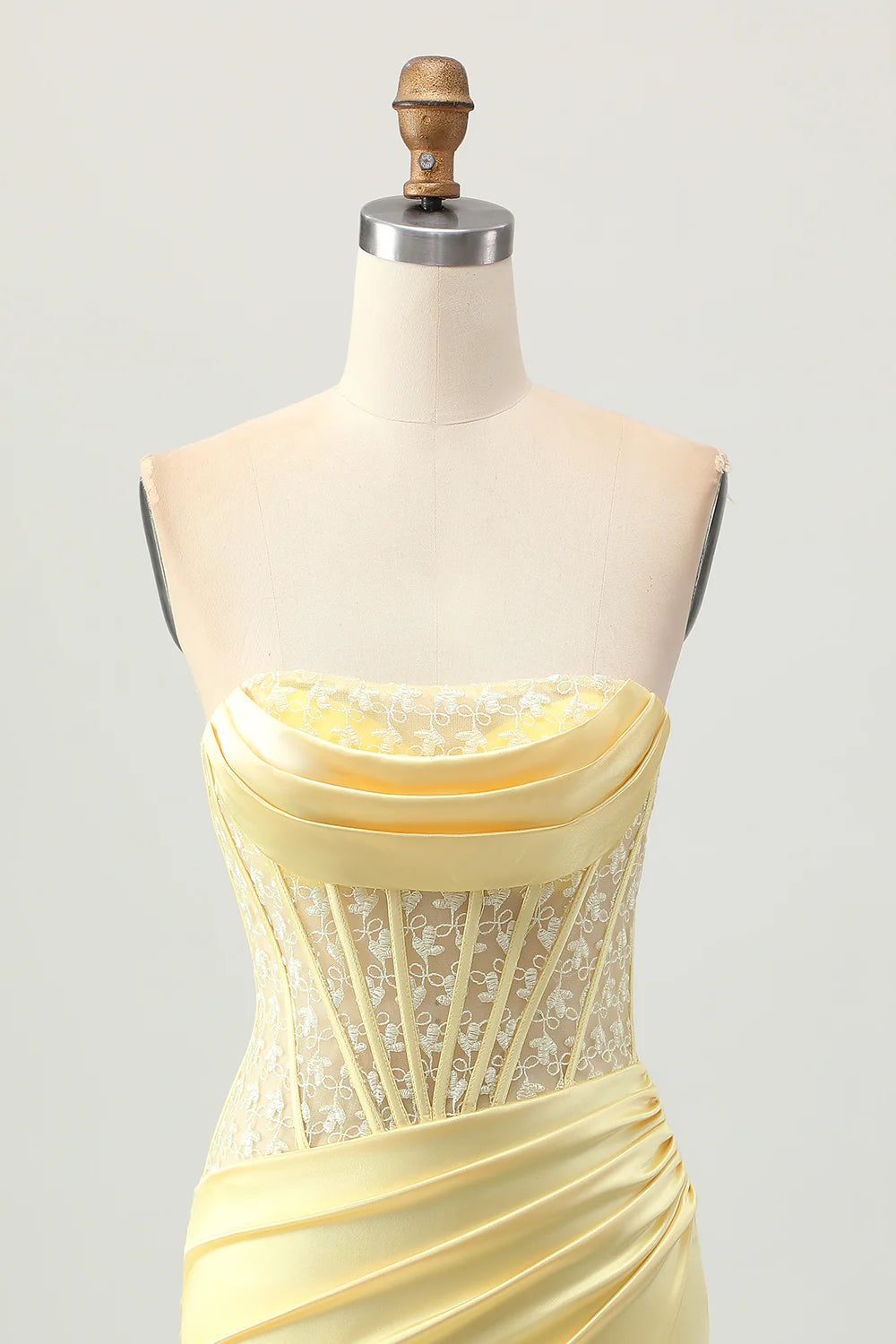 Yellow Satin Floral Lace Strapless Corset Tight Short Homecoming Dress With Lace-Up Back