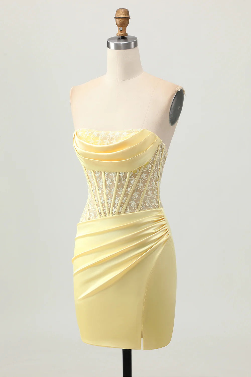 Yellow Satin Floral Lace Strapless Corset Tight Short Homecoming Dress With Lace-Up Back