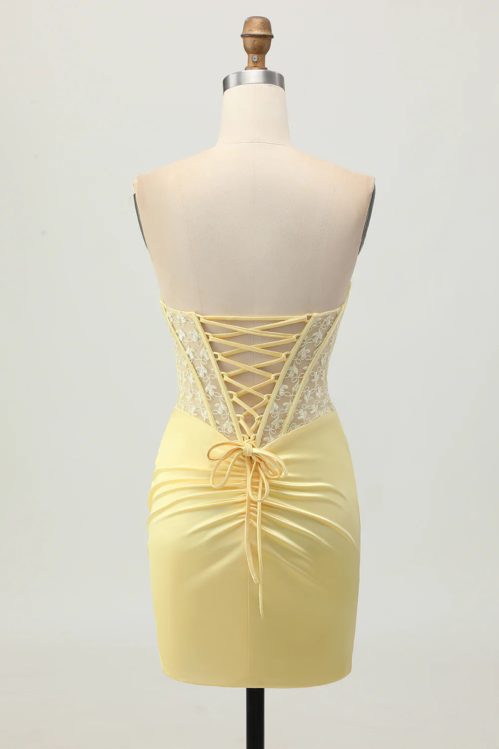 Yellow Satin Floral Lace Strapless Corset Tight Short Homecoming Dress With Lace-Up Back