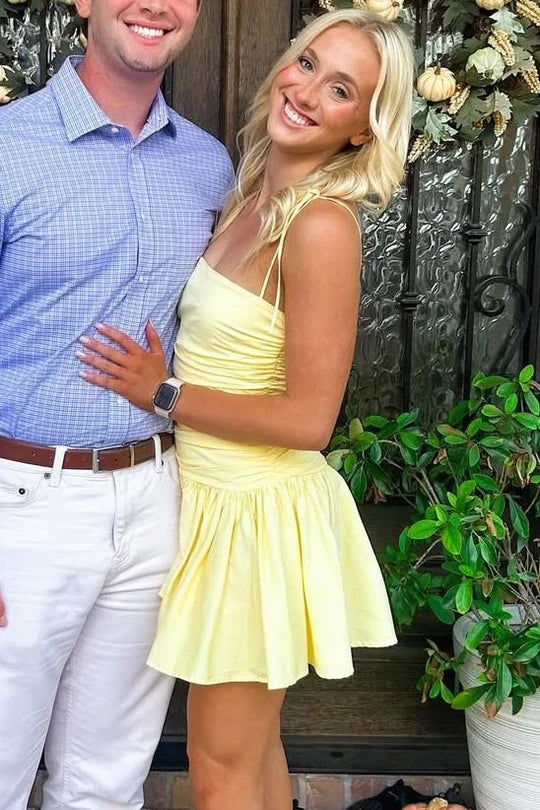 Yellow Satin Spaghetti Straps Pleated Sleeveless Short Homecoming Dress Yellow Party Dress