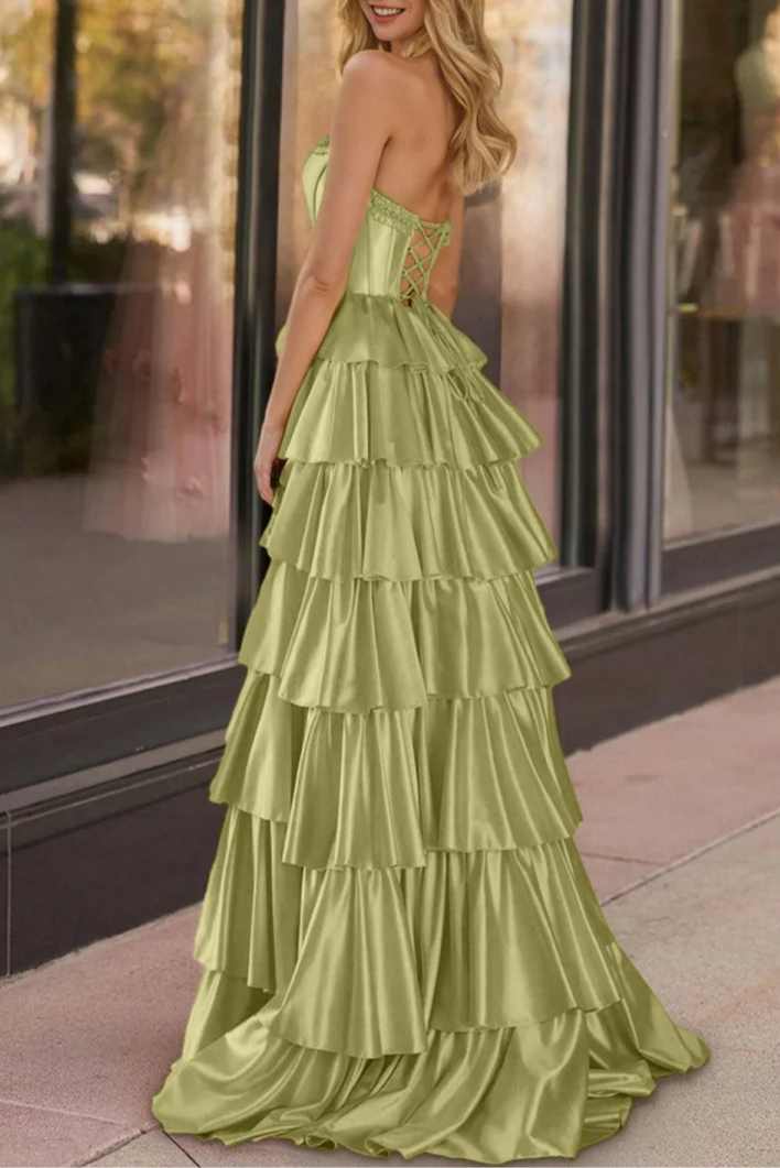 Dark Green Satin Strapless Ruffle Tiered Beaded Corset A Line Prom Dresses Evening Dresses