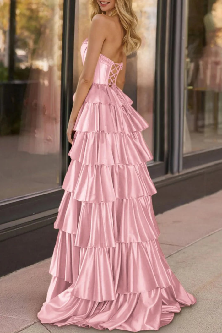 Black Satin Strapless Ruffle Tiered Beaded Corset A Line Prom Dresses Evening Dresses