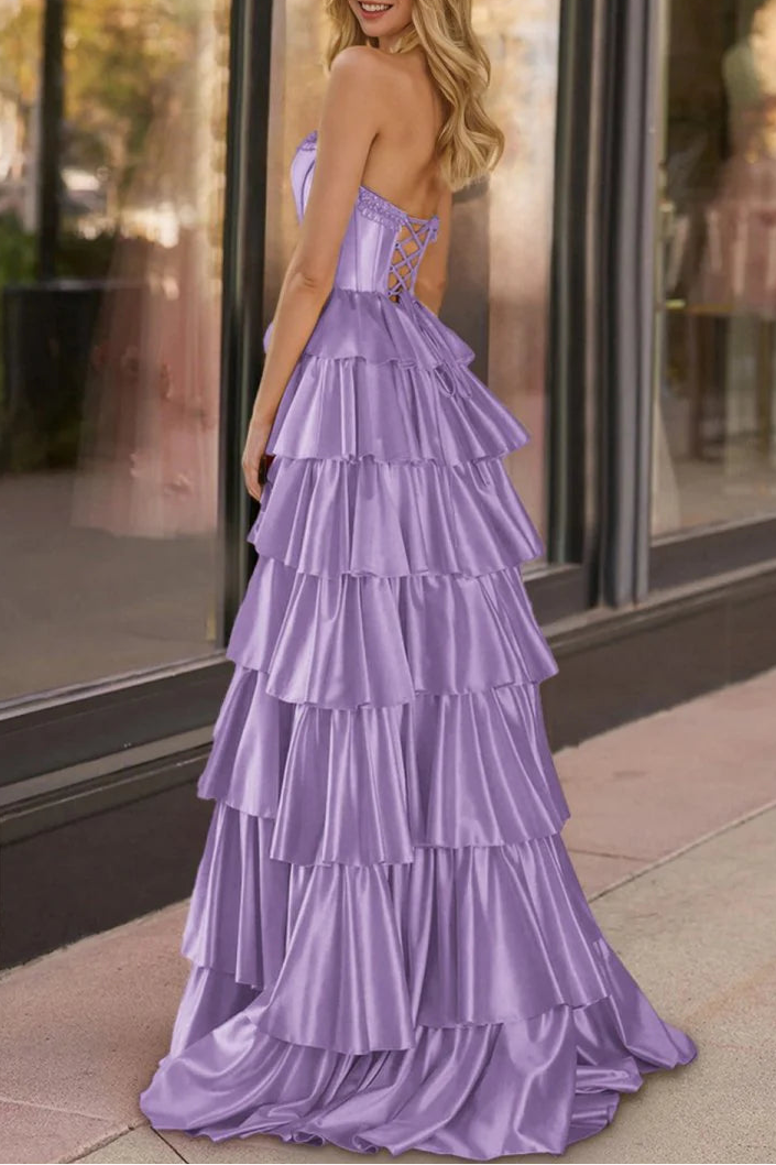 Black Satin Strapless Ruffle Tiered Beaded Corset A Line Prom Dresses Evening Dresses