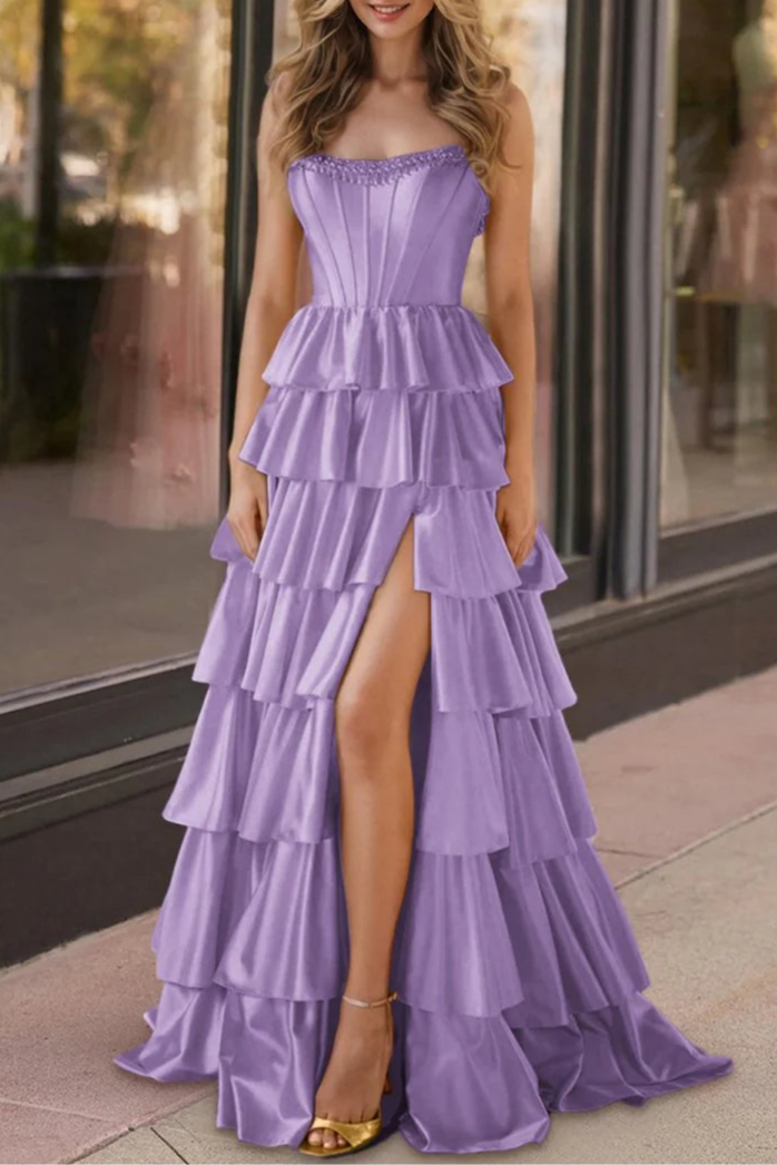 Black Satin Strapless Ruffle Tiered Beaded Corset A Line Prom Dresses Evening Dresses