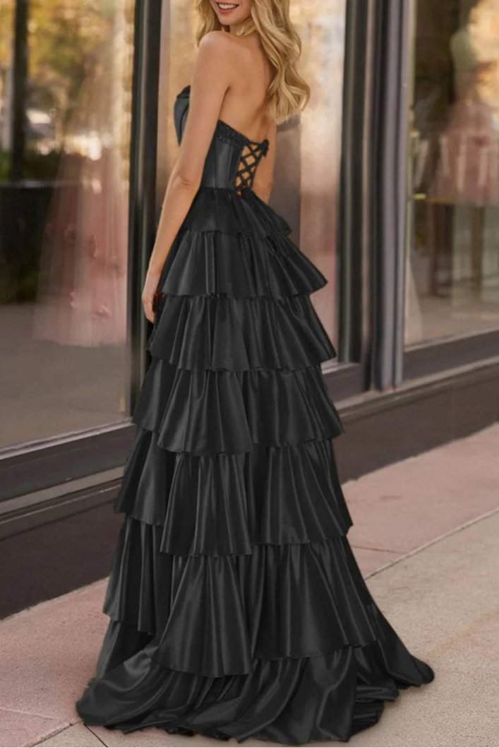 Black Satin Strapless Ruffle Tiered Beaded Corset A Line Prom Dresses Evening Dresses
