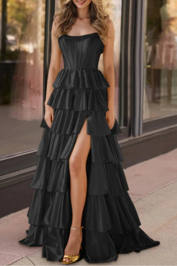 Black Satin Strapless Ruffle Tiered Beaded Corset A Line Prom Dresses Evening Dresses